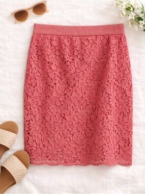 Ann Taylor Petite 6P Coral Lace Pencil Skirt Floral Crochet Back Zip